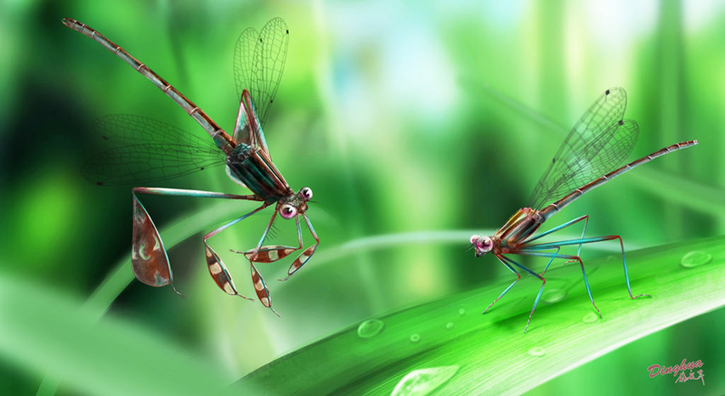 Artist’s depiction of the courting behavior. Not the exagerrated forearms and hindlegs of the male, seen at left. (Image: Yang Dinghua)